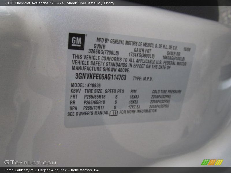 Info Tag of 2010 Avalanche Z71 4x4