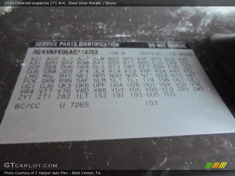 Info Tag of 2010 Avalanche Z71 4x4
