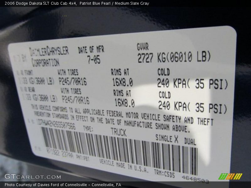 2006 Dakota SLT Club Cab 4x4 Patriot Blue Pearl Color Code PB7