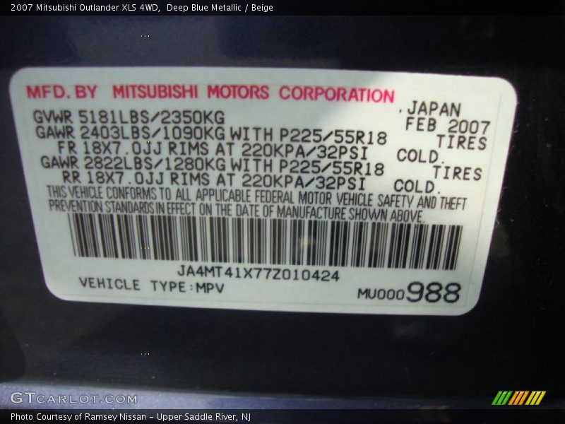 Deep Blue Metallic / Beige 2007 Mitsubishi Outlander XLS 4WD