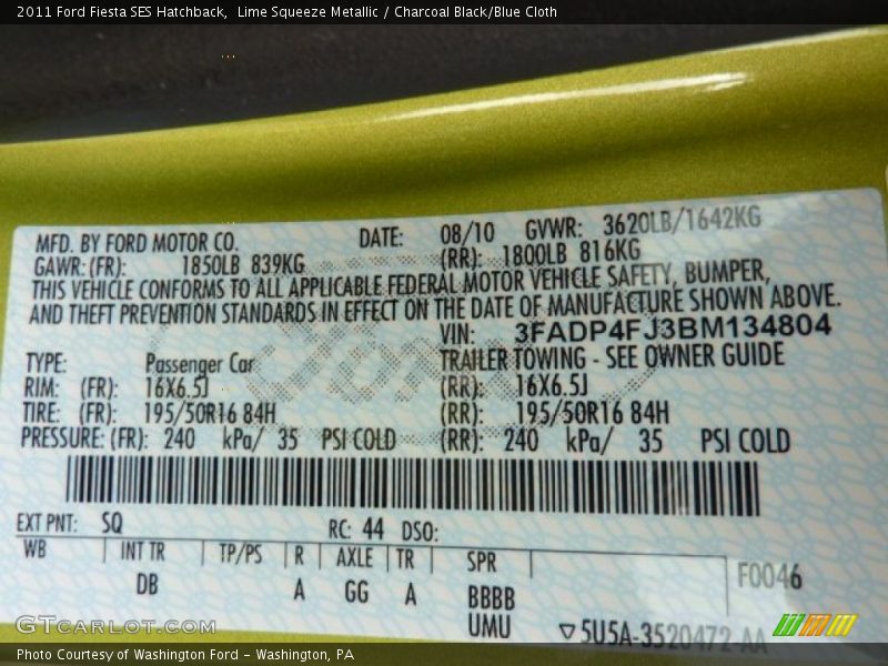 Lime Squeeze Metallic / Charcoal Black/Blue Cloth 2011 Ford Fiesta SES Hatchback