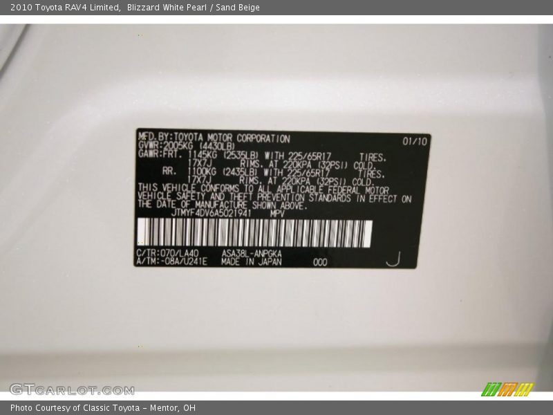 Blizzard White Pearl / Sand Beige 2010 Toyota RAV4 Limited