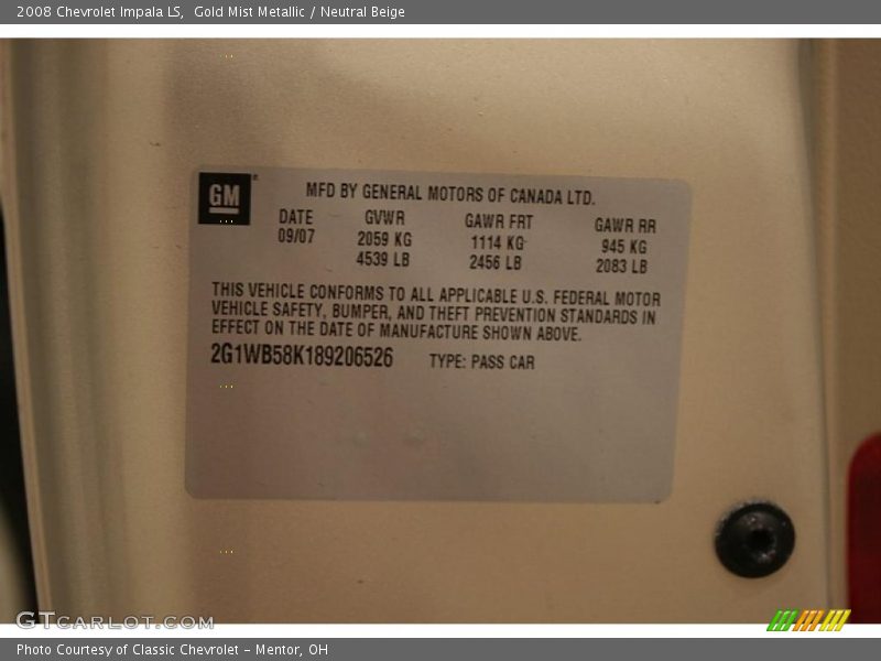 Gold Mist Metallic / Neutral Beige 2008 Chevrolet Impala LS