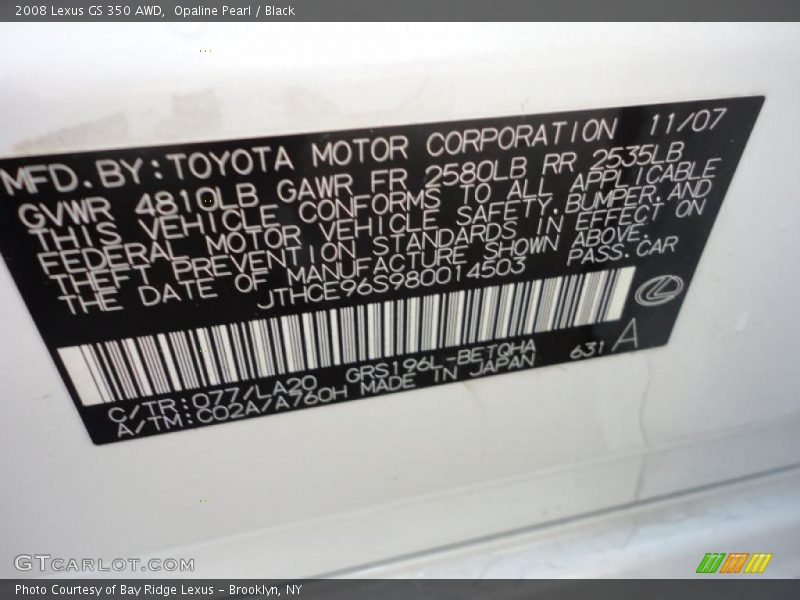 Opaline Pearl / Black 2008 Lexus GS 350 AWD
