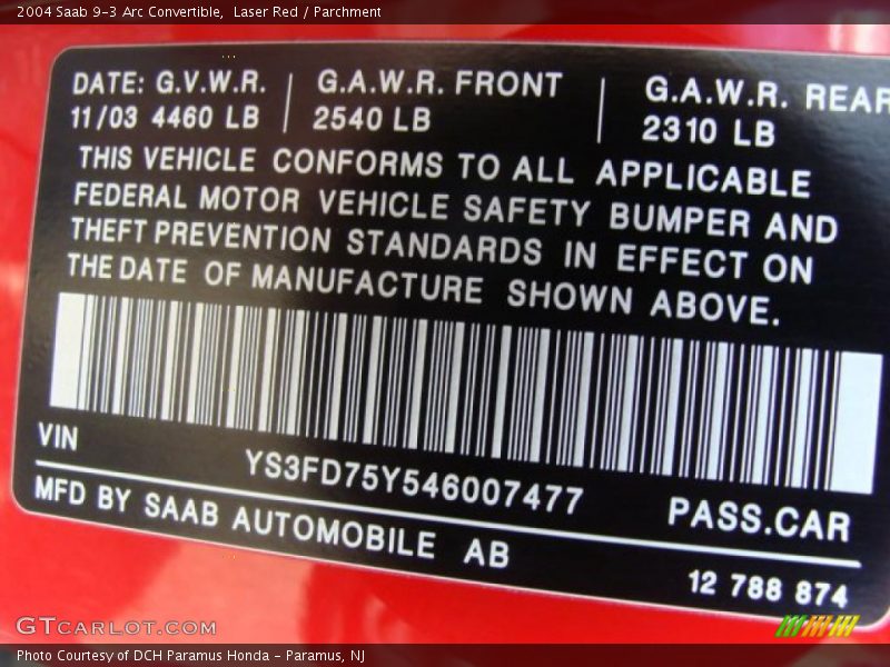 Info Tag of 2004 9-3 Arc Convertible
