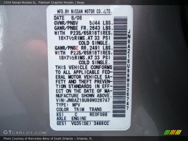 Platinum Graphite Metallic / Beige 2009 Nissan Murano SL