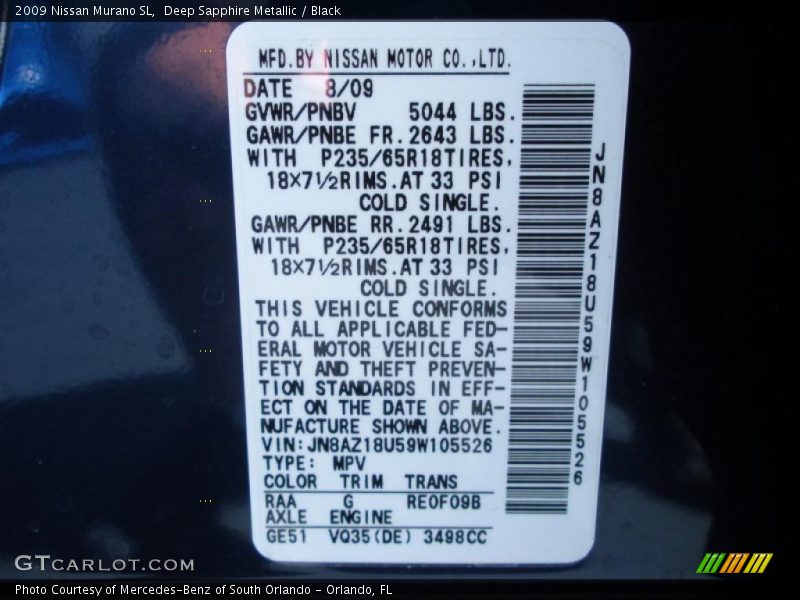 Deep Sapphire Metallic / Black 2009 Nissan Murano SL