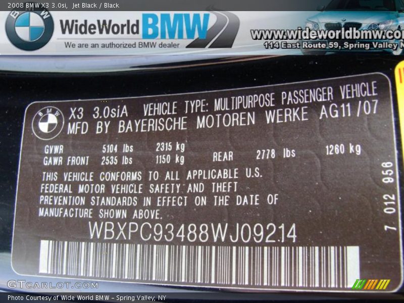 Jet Black / Black 2008 BMW X3 3.0si