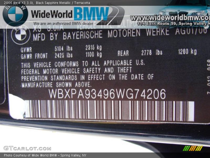 Black Sapphire Metallic / Terracotta 2006 BMW X3 3.0i