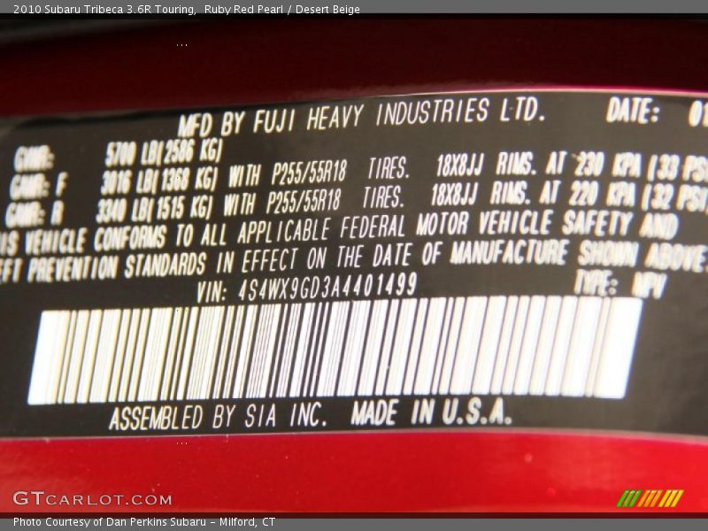 Info Tag of 2010 Tribeca 3.6R Touring