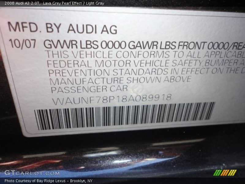 Lava Grey Pearl Effect / Light Gray 2008 Audi A3 2.0T
