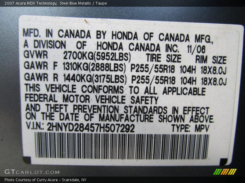 Steel Blue Metallic / Taupe 2007 Acura MDX Technology