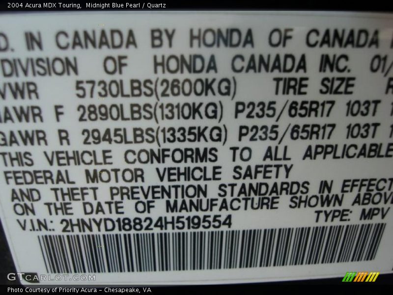 Midnight Blue Pearl / Quartz 2004 Acura MDX Touring