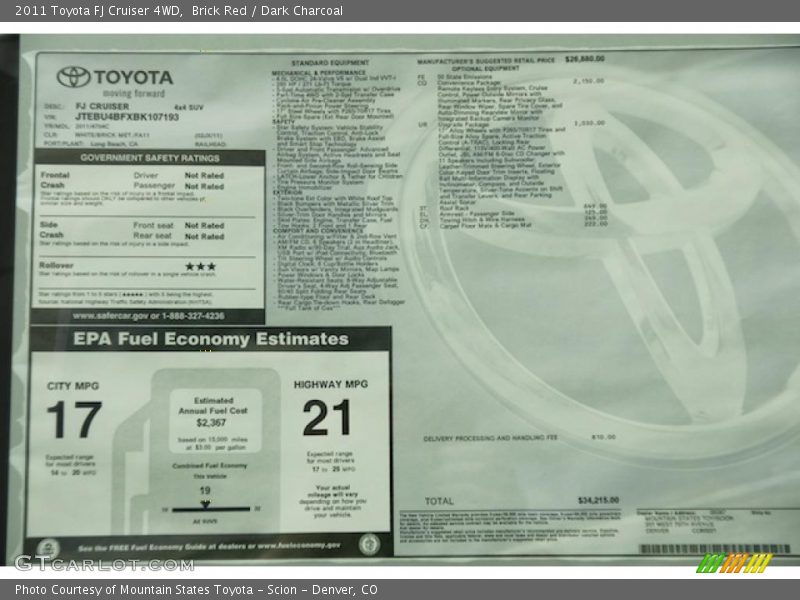  2011 FJ Cruiser 4WD Window Sticker