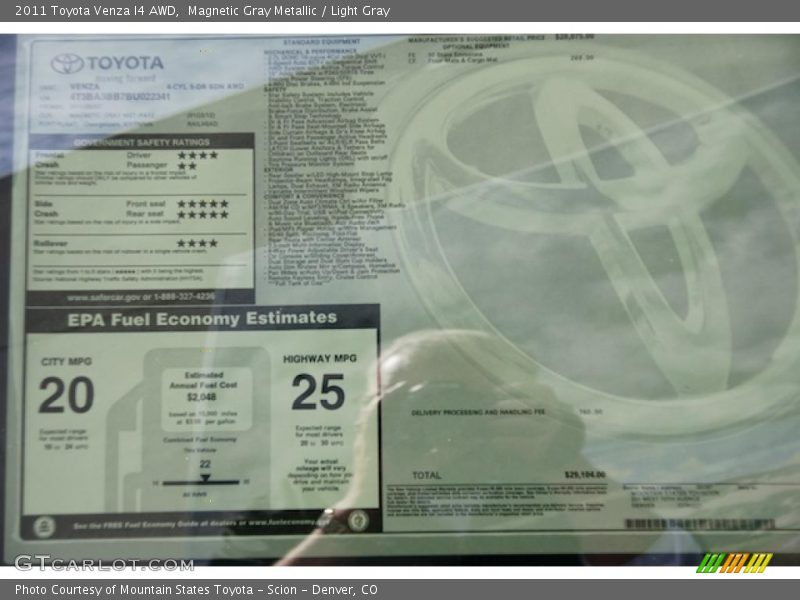  2011 Venza I4 AWD Window Sticker
