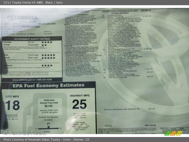  2011 Venza V6 AWD Window Sticker