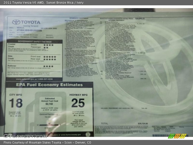  2011 Venza V6 AWD Window Sticker