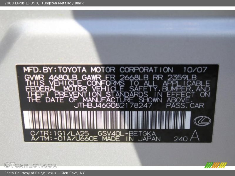 2008 ES 350 Tungsten Metallic Color Code 1G1