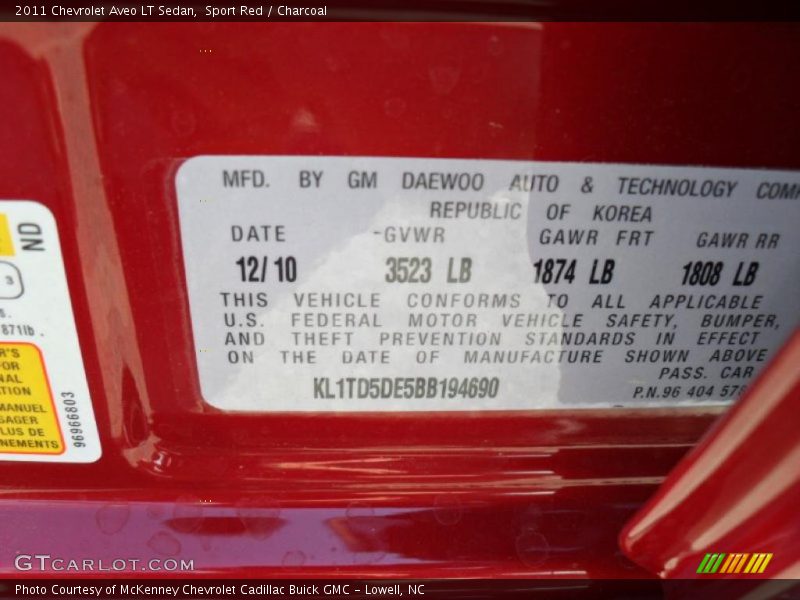 Info Tag of 2011 Aveo LT Sedan