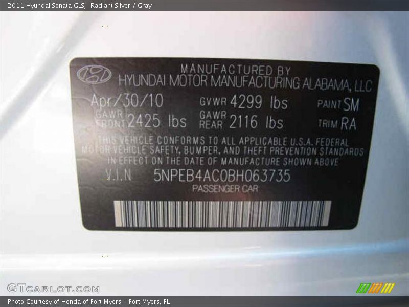 Radiant Silver / Gray 2011 Hyundai Sonata GLS
