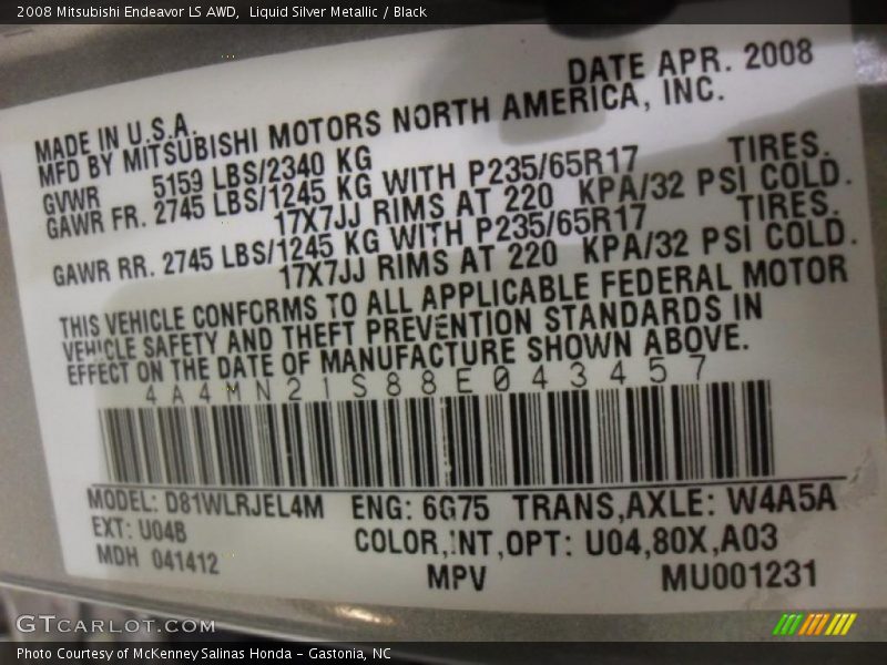 Liquid Silver Metallic / Black 2008 Mitsubishi Endeavor LS AWD