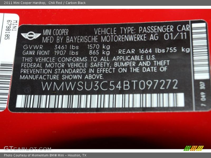 Chili Red / Carbon Black 2011 Mini Cooper Hardtop