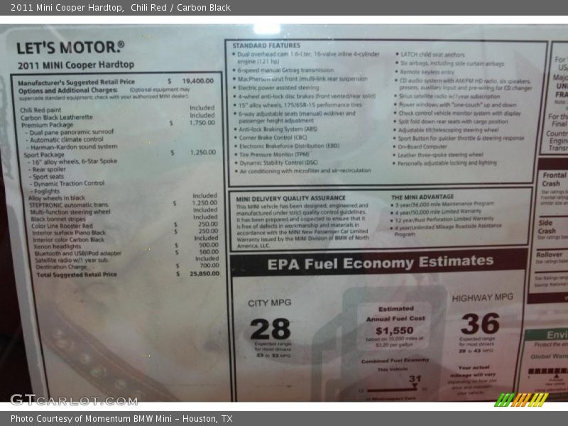 Chili Red / Carbon Black 2011 Mini Cooper Hardtop
