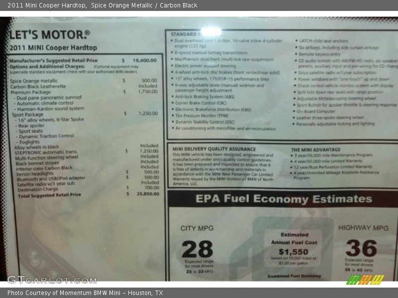  2011 Cooper Hardtop Window Sticker