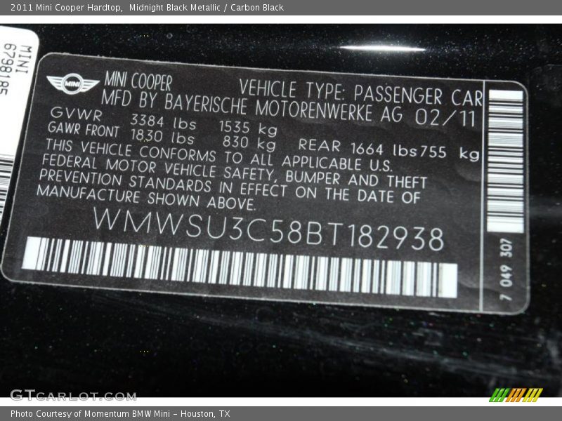 Midnight Black Metallic / Carbon Black 2011 Mini Cooper Hardtop
