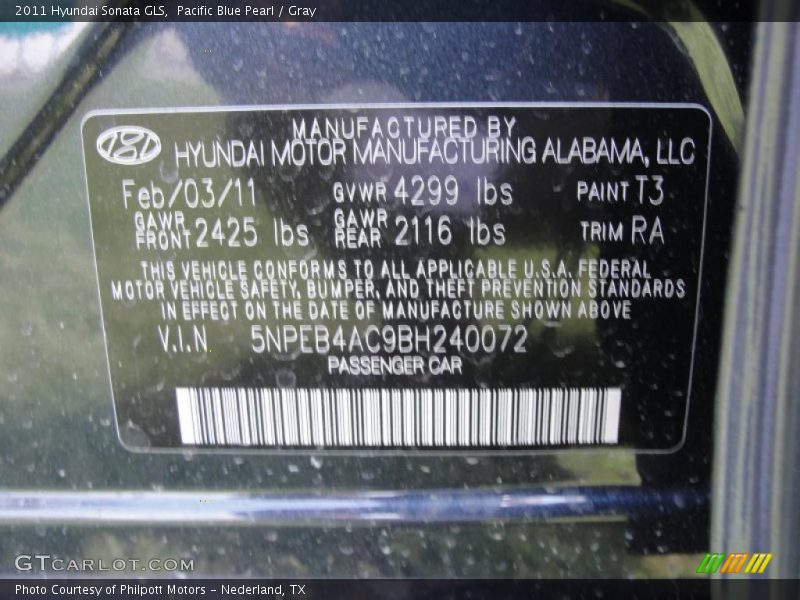 Pacific Blue Pearl / Gray 2011 Hyundai Sonata GLS