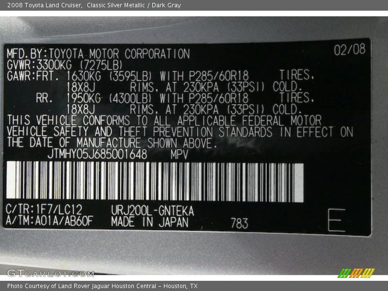 2008 Land Cruiser  Classic Silver Metallic Color Code 1F7