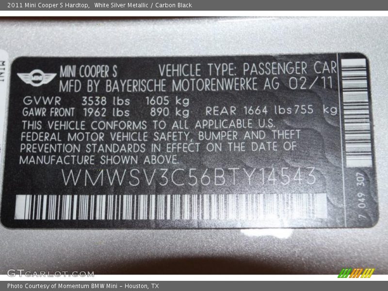 White Silver Metallic / Carbon Black 2011 Mini Cooper S Hardtop