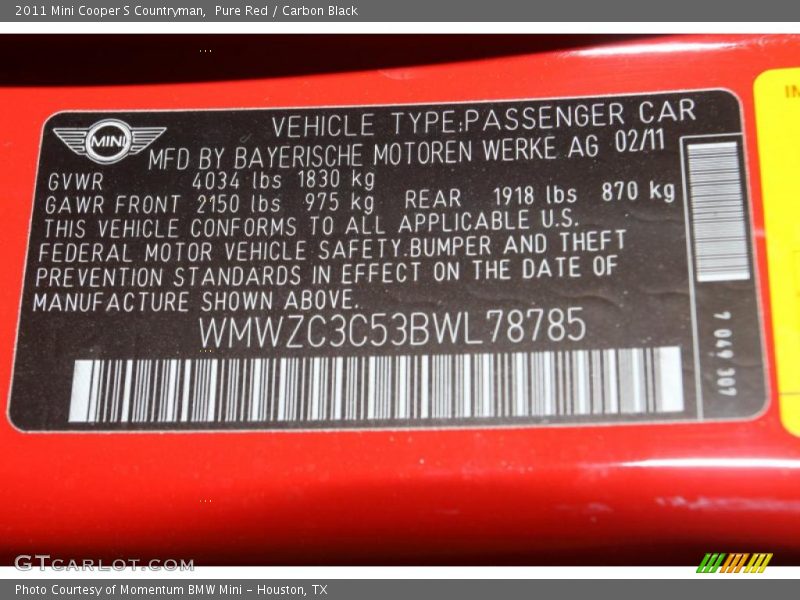 Pure Red / Carbon Black 2011 Mini Cooper S Countryman