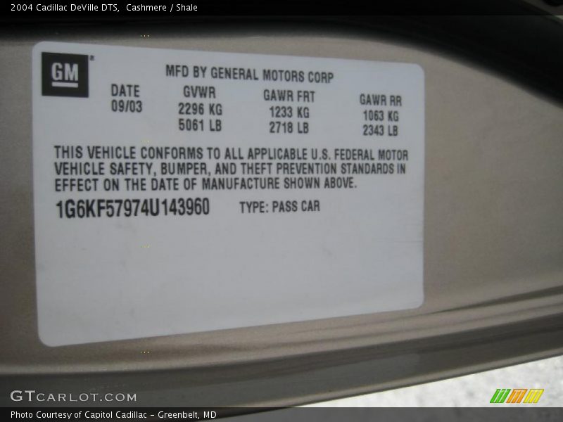 Info Tag of 2004 DeVille DTS