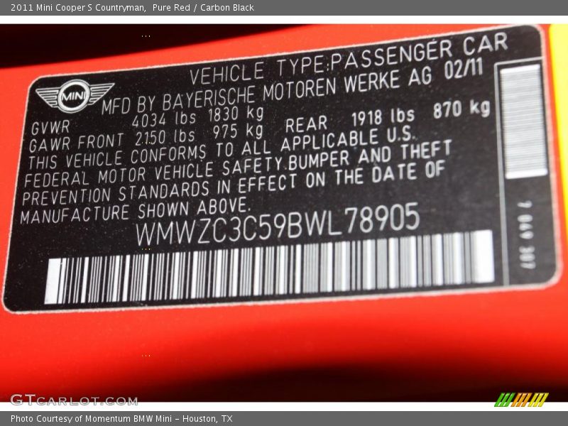 Pure Red / Carbon Black 2011 Mini Cooper S Countryman