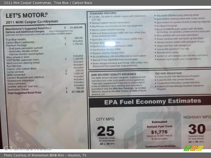  2011 Cooper Countryman Window Sticker