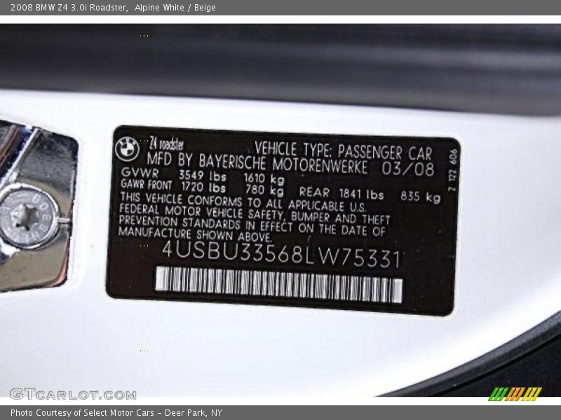 Alpine White / Beige 2008 BMW Z4 3.0i Roadster