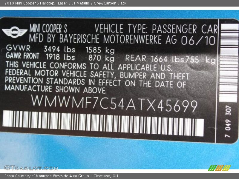 Laser Blue Metallic / Grey/Carbon Black 2010 Mini Cooper S Hardtop