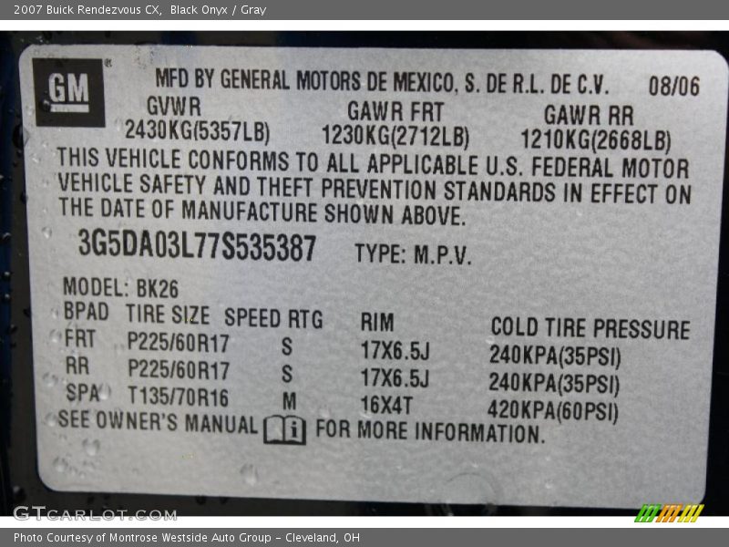 Black Onyx / Gray 2007 Buick Rendezvous CX
