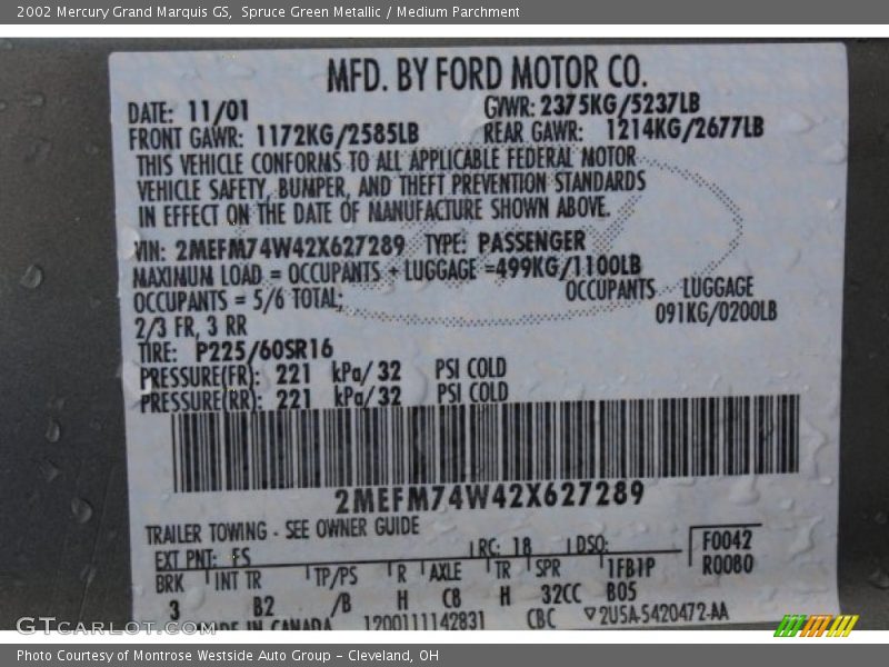 2002 Grand Marquis GS Spruce Green Metallic Color Code FS