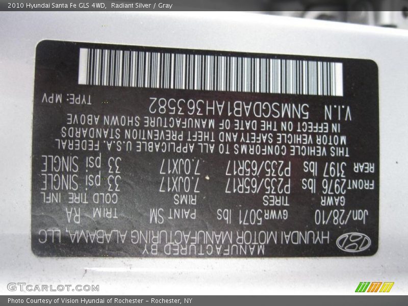 Radiant Silver / Gray 2010 Hyundai Santa Fe GLS 4WD