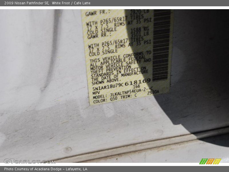 2009 Pathfinder SE White Frost Color Code Q50
