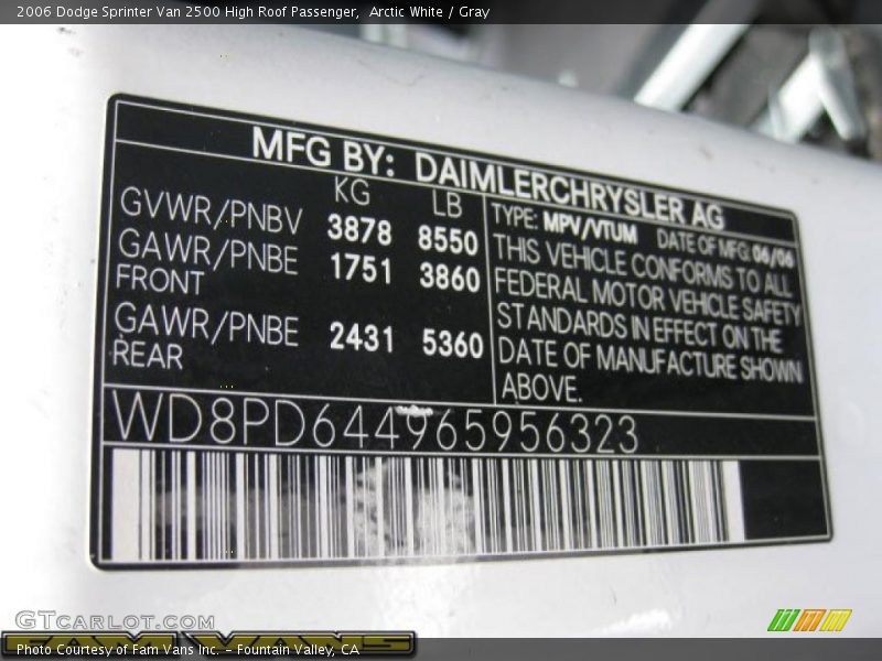 Arctic White / Gray 2006 Dodge Sprinter Van 2500 High Roof Passenger