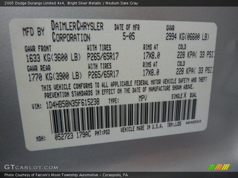 2005 Durango Limited 4x4 Bright Silver Metallic Color Code PS2