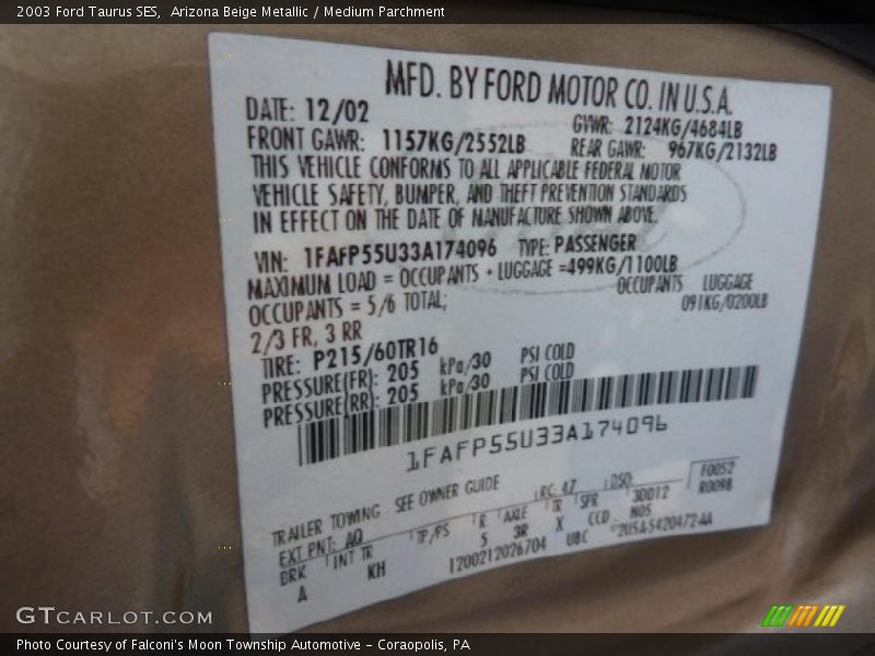 Arizona Beige Metallic / Medium Parchment 2003 Ford Taurus SES