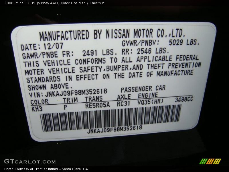 2008 EX 35 Journey AWD Black Obsidian Color Code KH3