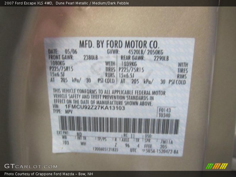 Dune Pearl Metallic / Medium/Dark Pebble 2007 Ford Escape XLS 4WD
