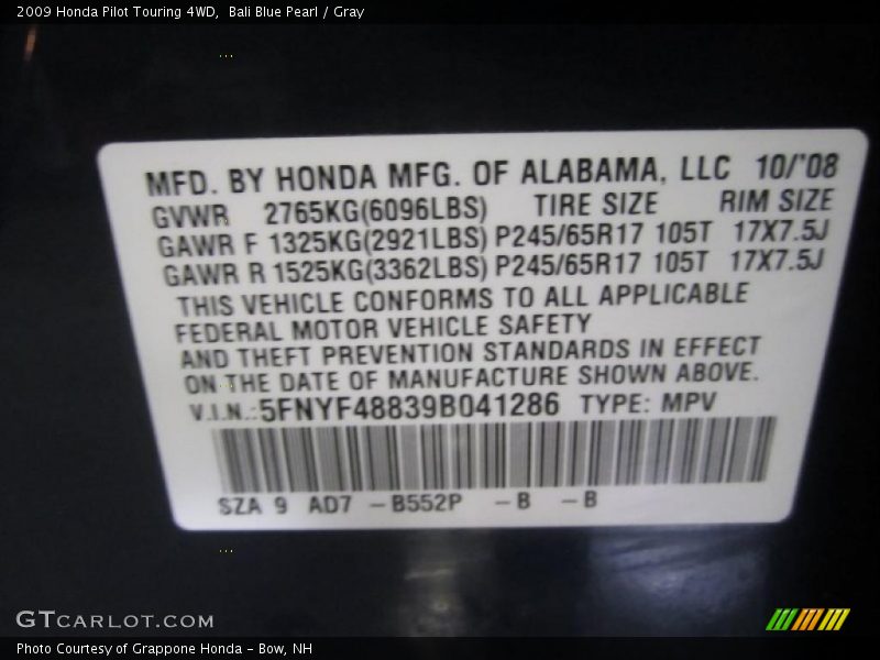 2009 Pilot Touring 4WD Bali Blue Pearl Color Code B552P