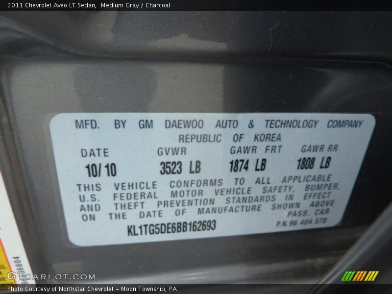 Info Tag of 2011 Aveo LT Sedan