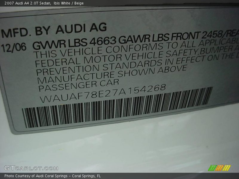 Ibis White / Beige 2007 Audi A4 2.0T Sedan